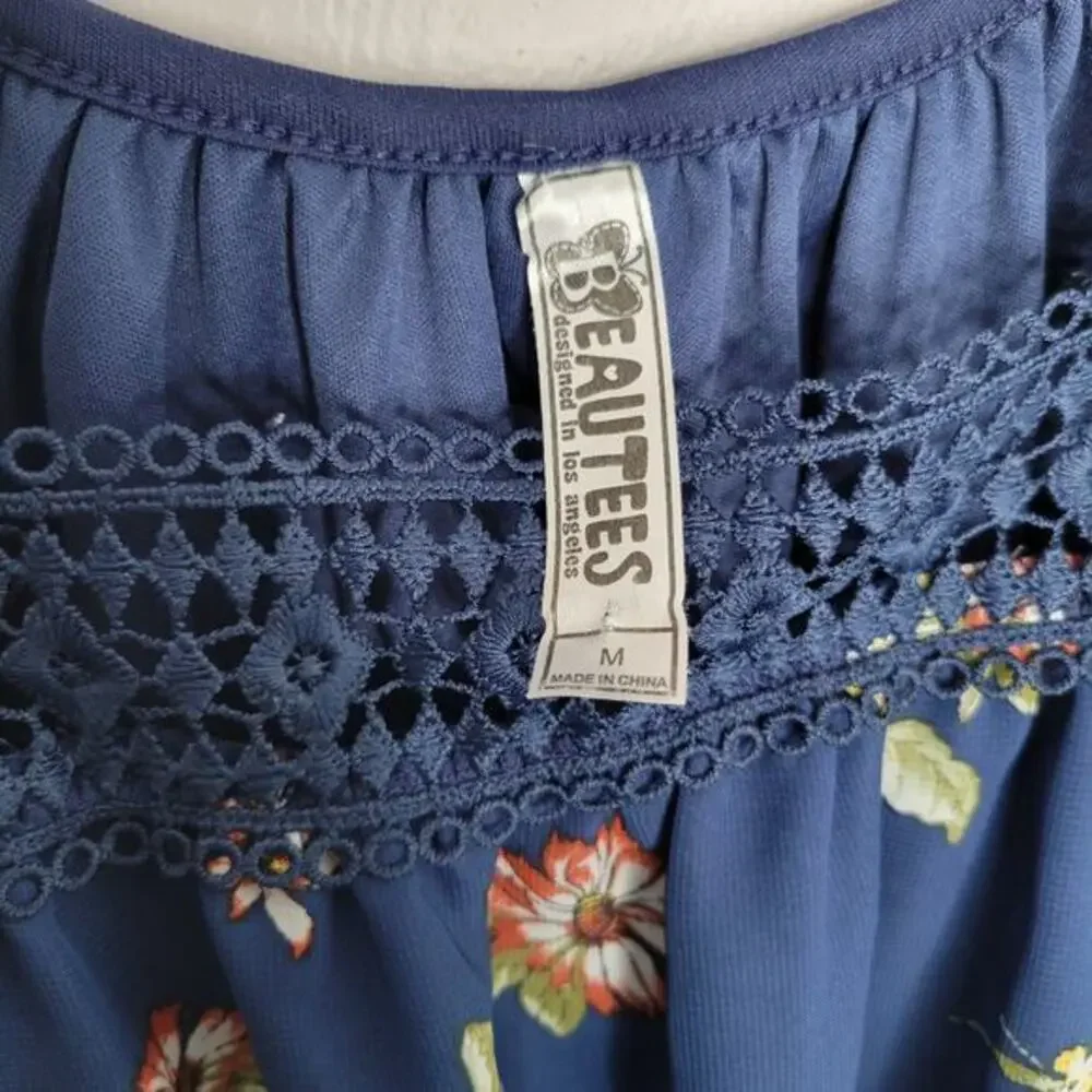 Beautees Top Girls Size Medium Tie Front Sheer Lace Trim Floral Blue Batwing - Picture 5 of 10